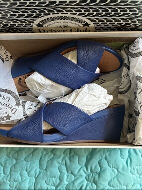 Driver Club USA Navy Leather Crisscross Wedge Sandals.